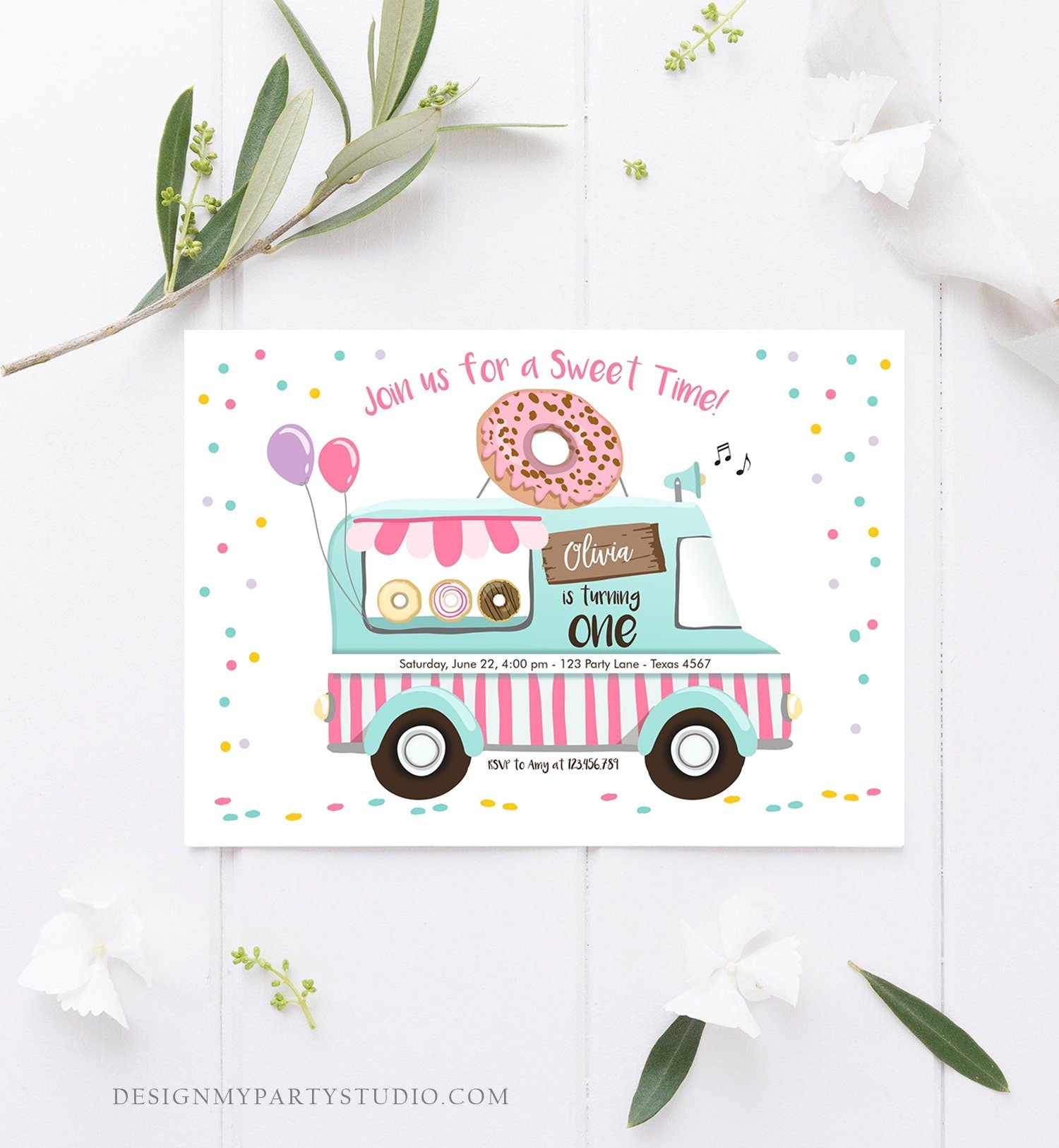 Editable Donut Truck Birthday Invitation Donut Birthday Party Pink Mint Purple Any Age Donut Sweet Party Printable Template Corjl 0050
