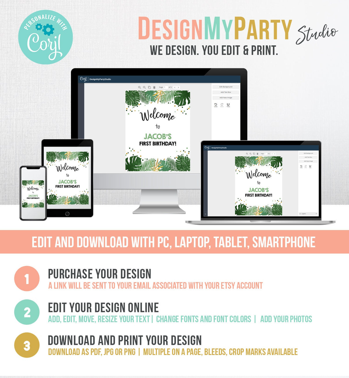 Editable Safari Animals Welcome Sign Wild One Poster Zoo Jungle Boy First Birthday 1st Black Gold Digital Download Template Printable 0016