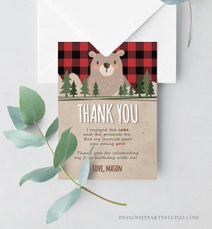 Editable Lumberjack Thank You Card Bear Birthday Rustic Woodland Birthday Forest Buffalo Plaid Winter Download Printable Template Corjl 0026