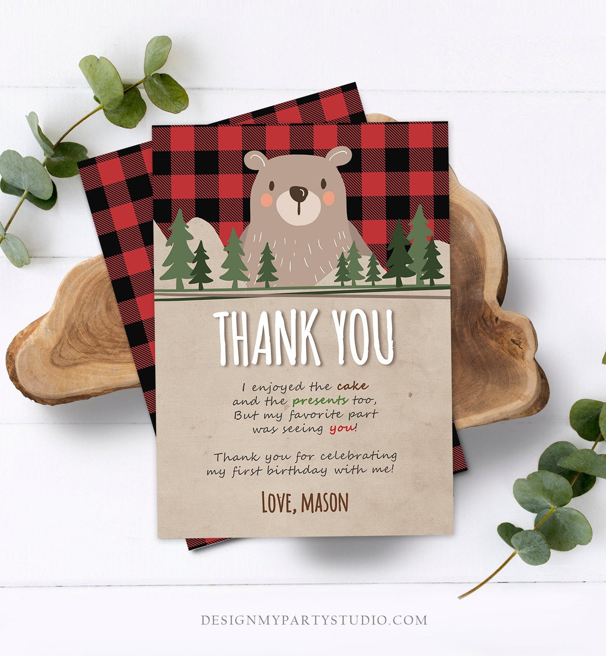Editable Lumberjack Thank You Card Bear Birthday Rustic Woodland Birthday Forest Buffalo Plaid Winter Download Printable Template Corjl 0026
