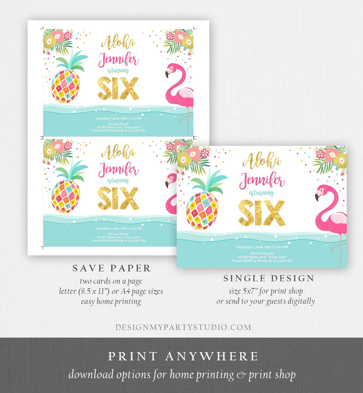 Editable Aloha Tropical Birthday Invitation ANY AGE Flamingo Pineapple Luau Party Leaves Pink Gold Hawaiian Corjl Template Printable 0200
