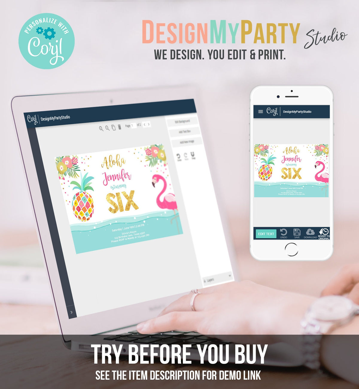 Editable Aloha Tropical Birthday Invitation ANY AGE Flamingo Pineapple Luau Party Leaves Pink Gold Hawaiian Corjl Template Printable 0200