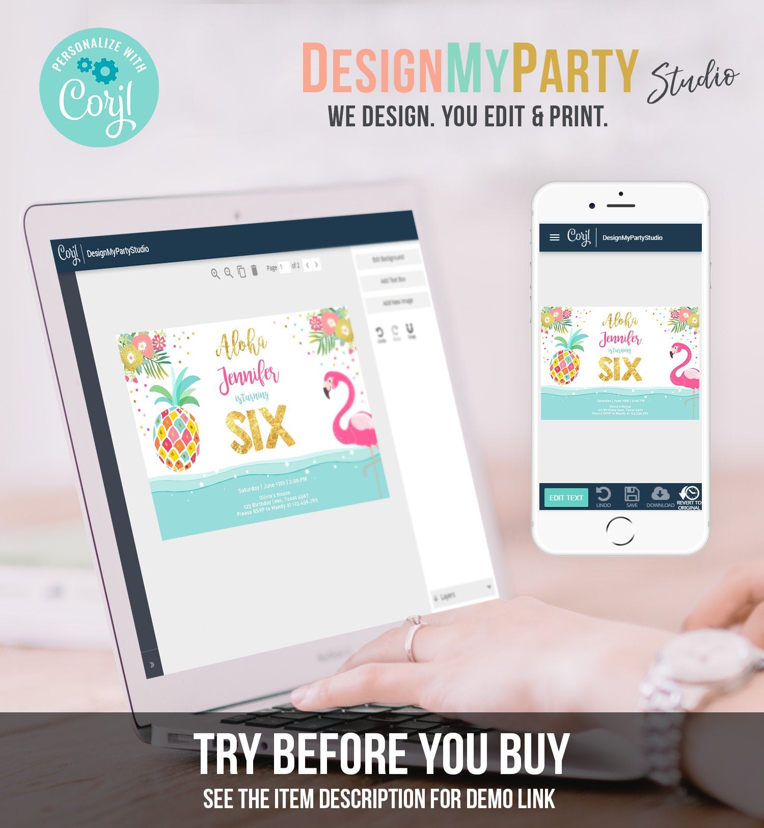 Editable Aloha Tropical Birthday Invitation ANY AGE Flamingo Pineapple Luau Party Leaves Pink Gold Hawaiian Corjl Template Printable 0200