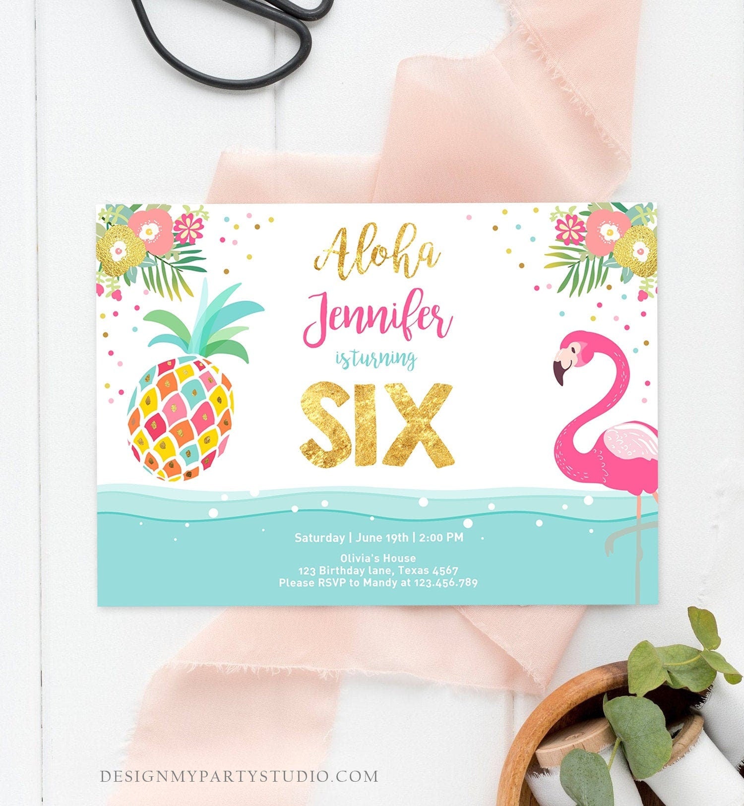 Editable Aloha Tropical Birthday Invitation ANY AGE Flamingo Pineapple Luau Party Leaves Pink Gold Hawaiian Corjl Template Printable 0200