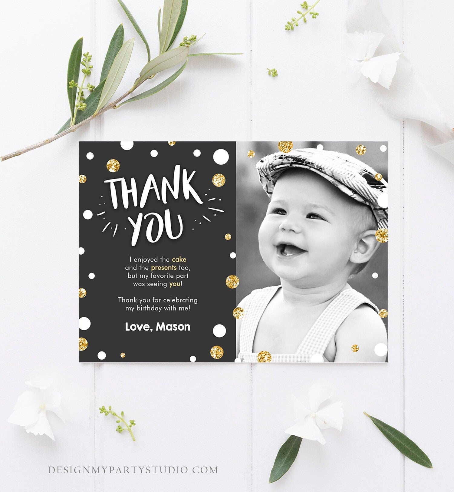 Editable Mr Onederful Thank You Card Black and Gold Boy Birthday Bow Tie Confetti 1st Birthday Printable Template Digital Corjl 0072