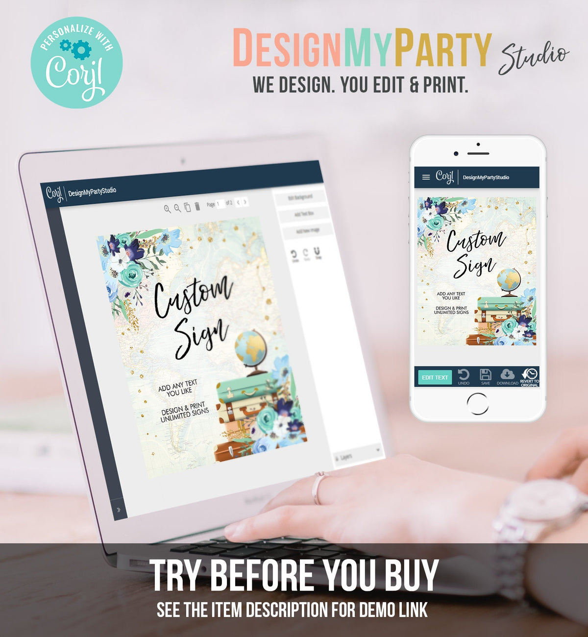 Editable Custom Sign Floral Travel Adventure Bridal Shower Traveling to Mrs Flowers Blue Floral Gold Decor Digital Template Printable 0030