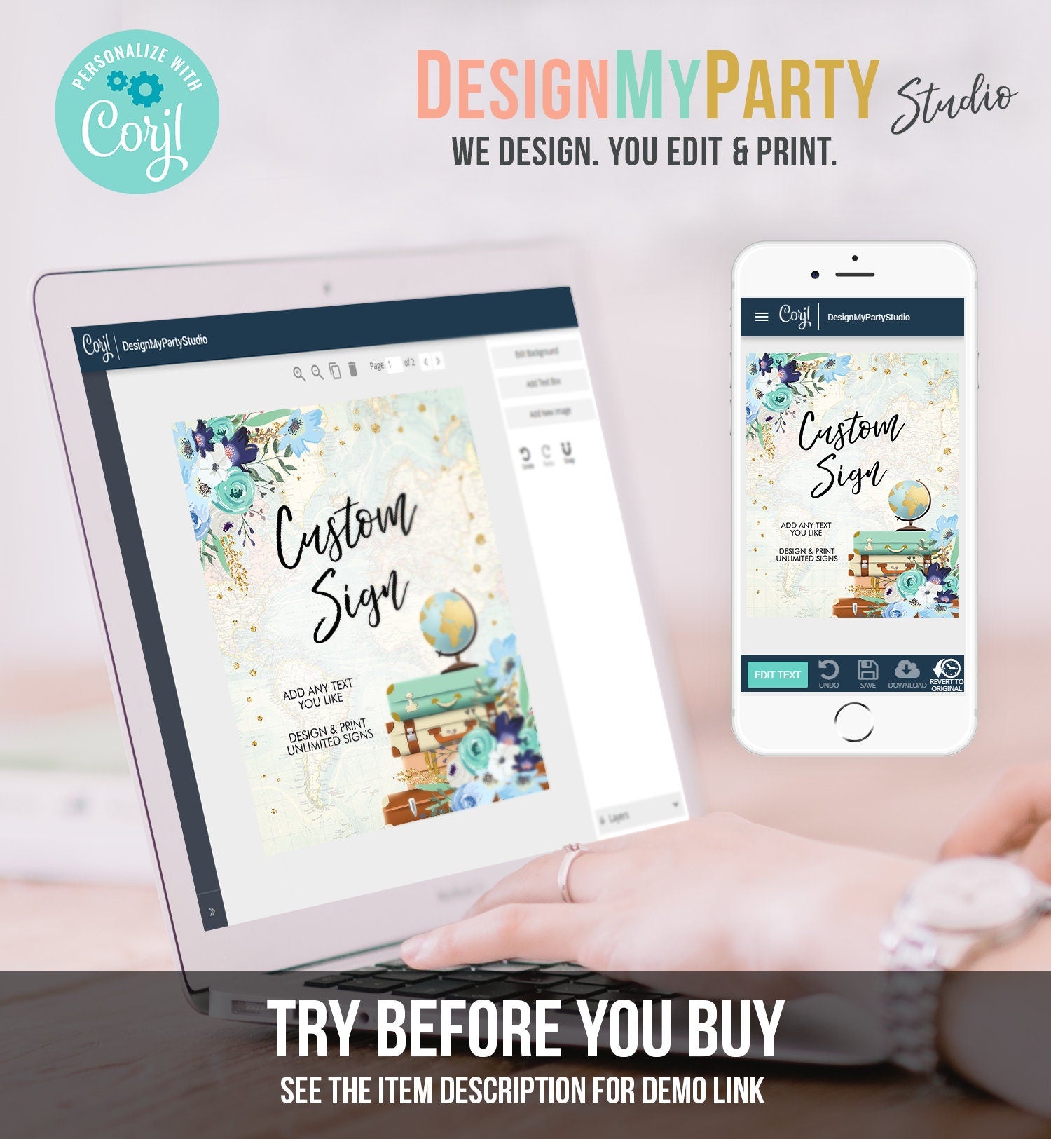 Editable Custom Sign Floral Travel Adventure Bridal Shower Traveling to Mrs Flowers Blue Floral Gold Decor Digital Template Printable 0030