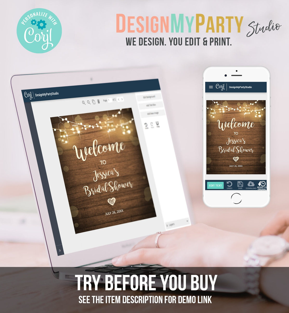 Editable Rustic Wood Welcome Sign Bridal Shower Couples Shower String Lights Jars Wedding Shower Sign Digital Corjl Template Printable 0015