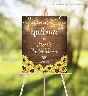 Editable Sunflowers Welcome Sign Rustic Wood Bridal Shower Couples Shower String Lights Jars Wedding Shower Corjl Template Printable 0015