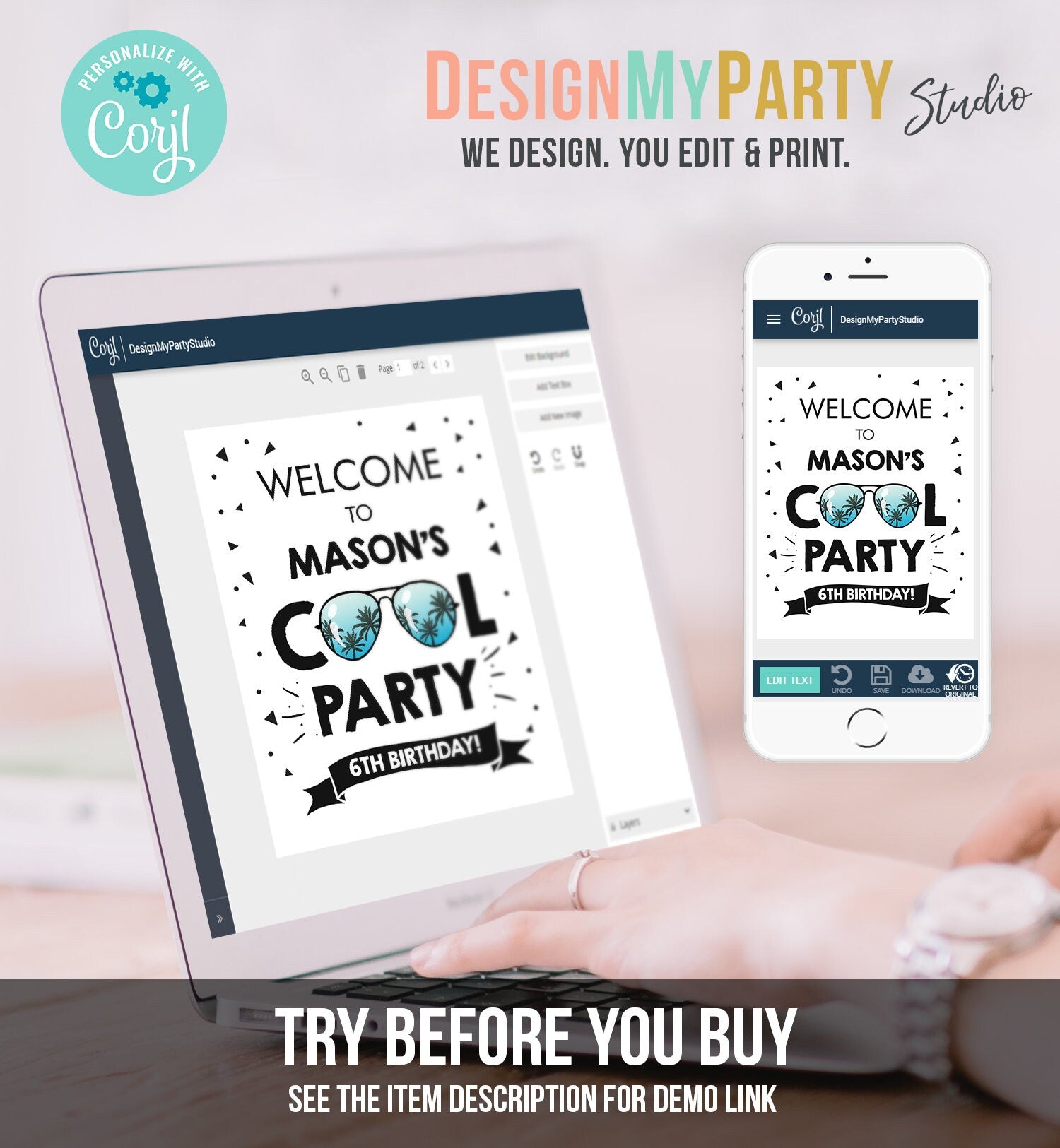 Editable Cool Party Birthday Welcome Sign Boy Two Cool One Cool Dude Birthday I'm This Many Pilot Sunglasses Corjl Template Printable 0136