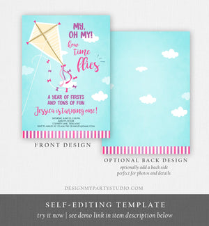 Editable Kite Birthday Invitation Oh My Time Flies First Birthday Girl Pink Park 1st Birthday Invite Download Printable Corjl Template 0316