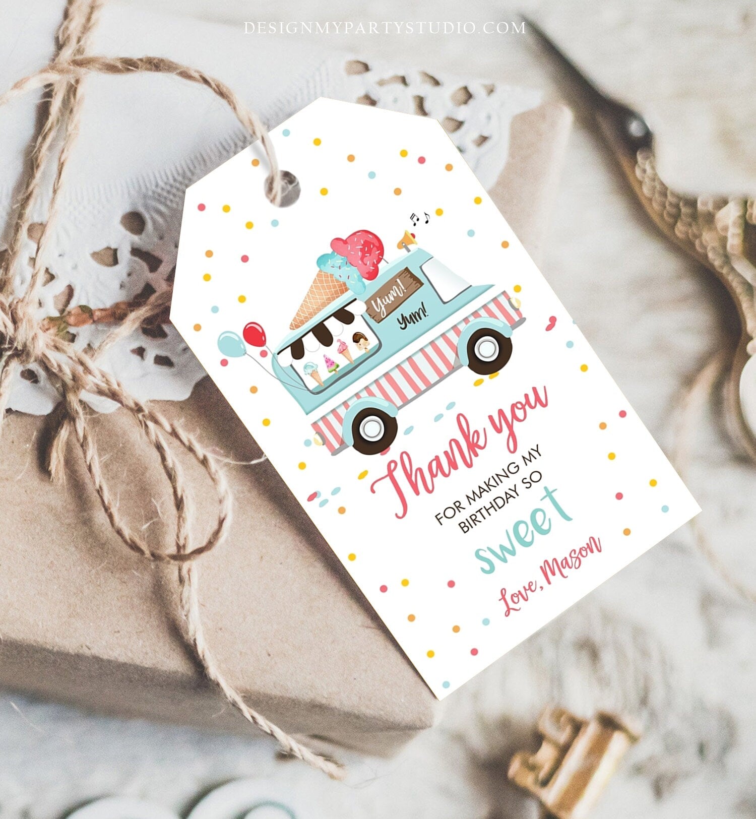 Editable Ice Cream Truck Favor Thank You Tag Ice Cream Birthday Party Neutral Boy Gift Goodie Bag Label Digital Template Printable 0243