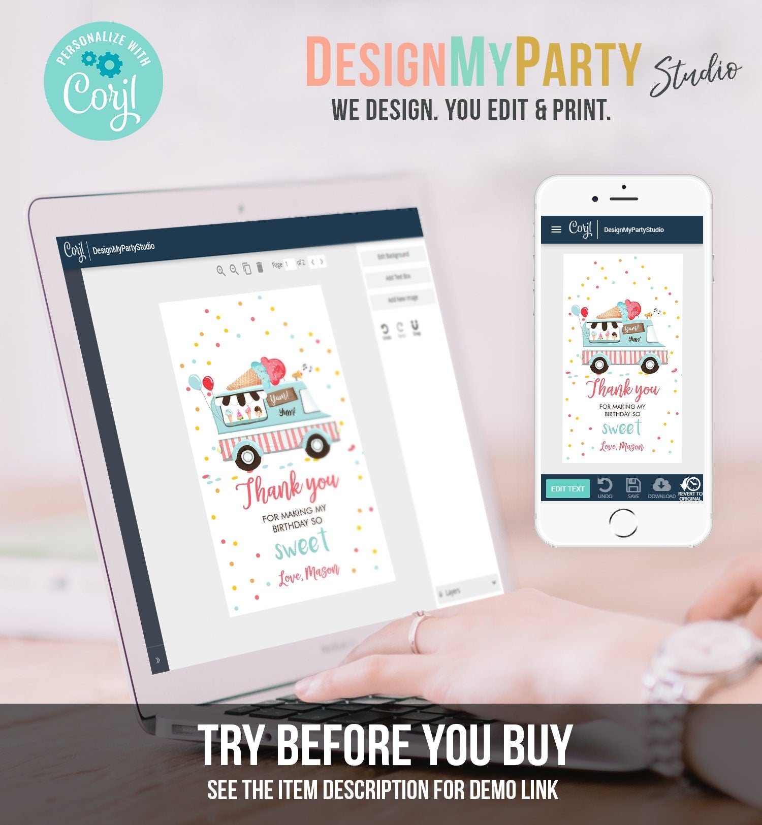 Editable Ice Cream Truck Favor Thank You Tag Ice Cream Birthday Party Neutral Boy Gift Goodie Bag Label Digital Template Printable 0243