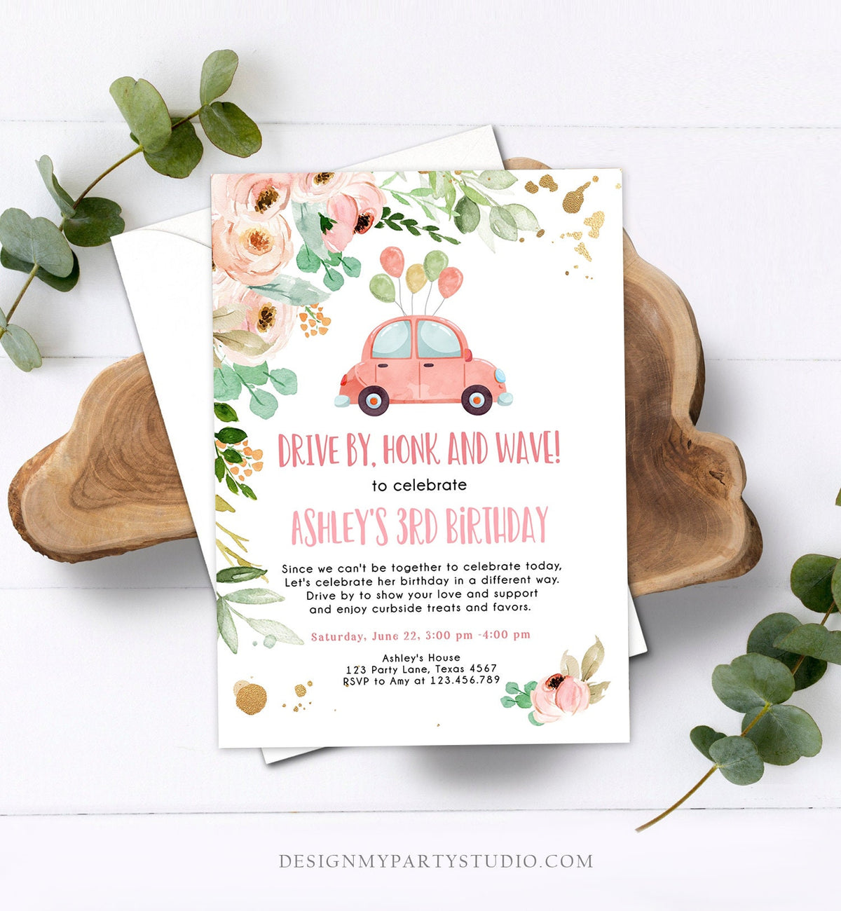 Editable Drive By Birthday Parade Invitation Virtual Party Invite Honk Wave Car Girl Adult Quarantine Instant Download Digital Corjl 0346