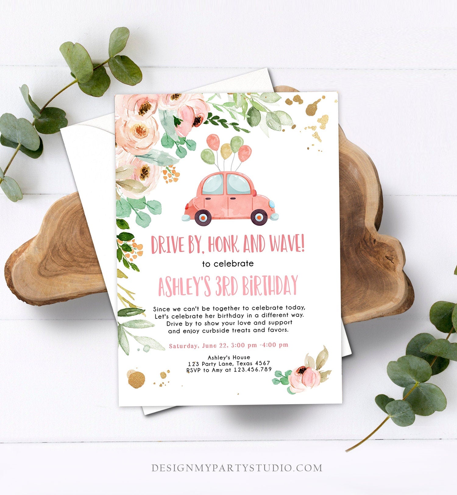 Editable Drive By Birthday Parade Invitation Virtual Party Invite Honk Wave Car Girl Adult Quarantine Instant Download Digital Corjl 0346