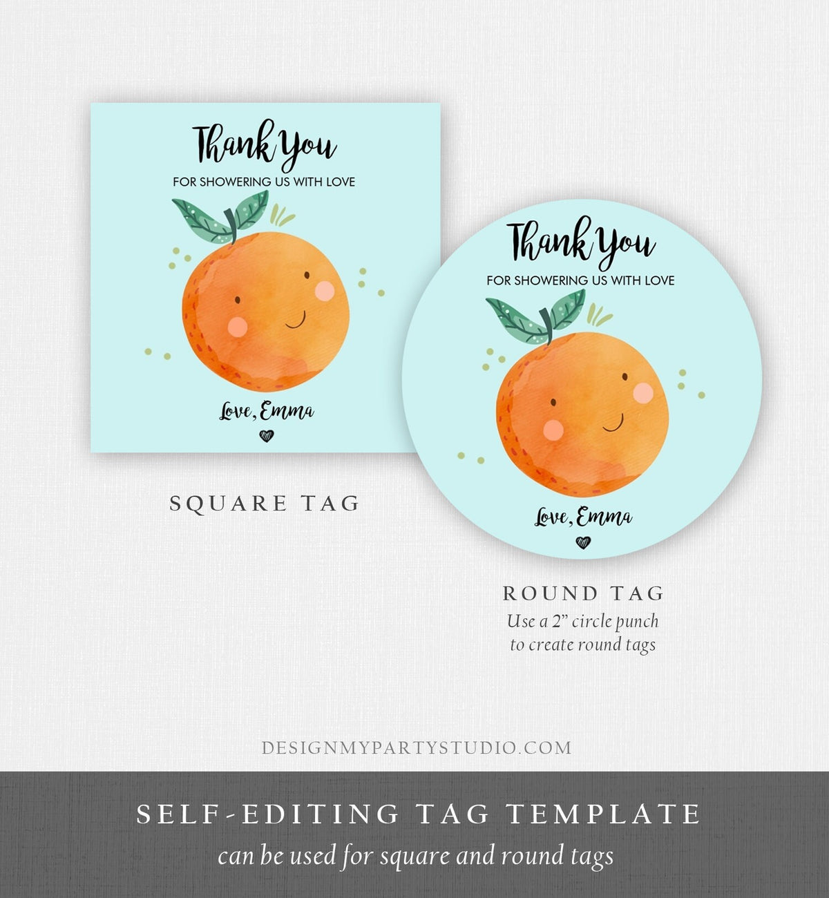 Editable A Little Cutie is on The Way Favor Tag Orange Clementine Baby Shower Cutie Gift Blue Boy Square Round Template Corjl Printable 0330