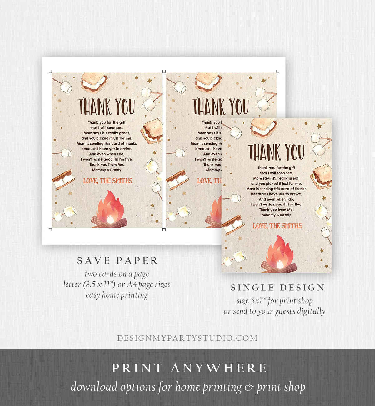 Editable Baby shower Thank you Card S&#39;more fun Smores Thank You Rustic Gender Neutral Fall Autumn Template Instant Download Corjl 0179