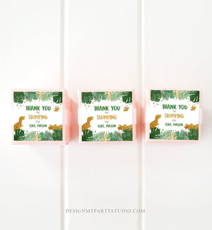 Editable Dinosaur Favor Tags Gift Tag Boy Green Gold Thank You for Stomping By Tag Birthday Round Square T-Rex Corjl Template Printable 0146