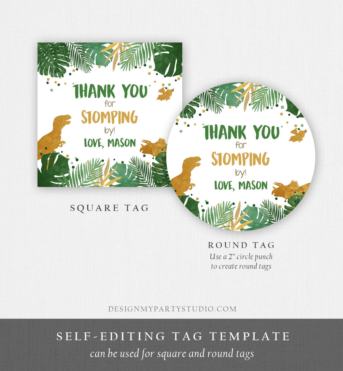Editable Dinosaur Favor Tags Gift Tag Boy Green Gold Thank You for Stomping By Tag Birthday Round Square T-Rex Corjl Template Printable 0146