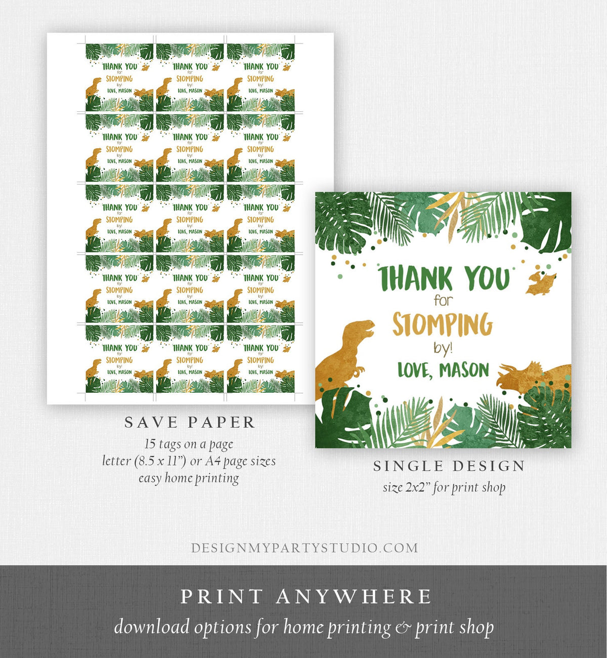 Editable Dinosaur Favor Tags Gift Tag Boy Green Gold Thank You for Stomping By Tag Birthday Round Square T-Rex Corjl Template Printable 0146