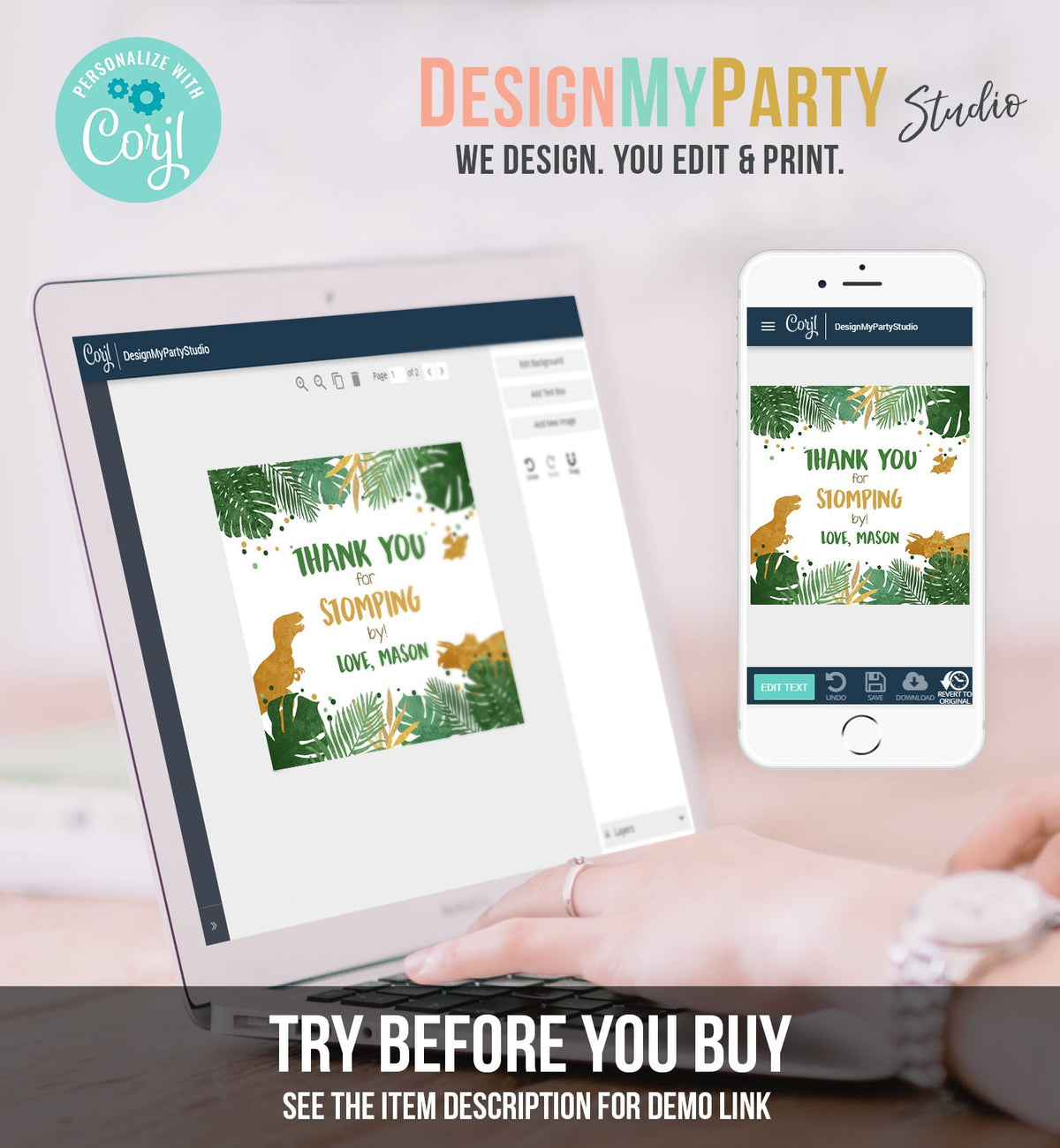 Editable Dinosaur Favor Tags Gift Tag Boy Green Gold Thank You for Stomping By Tag Birthday Round Square T-Rex Corjl Template Printable 0146