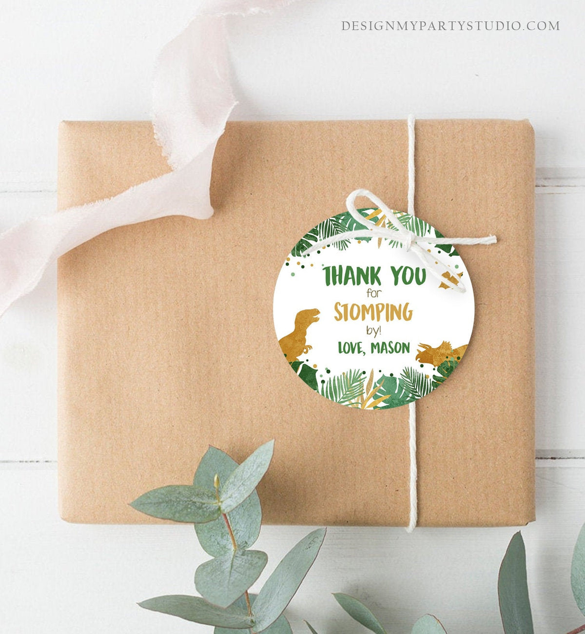 Editable Dinosaur Favor Tags Gift Tag Boy Green Gold Thank You for Stomping By Tag Birthday Round Square T-Rex Corjl Template Printable 0146