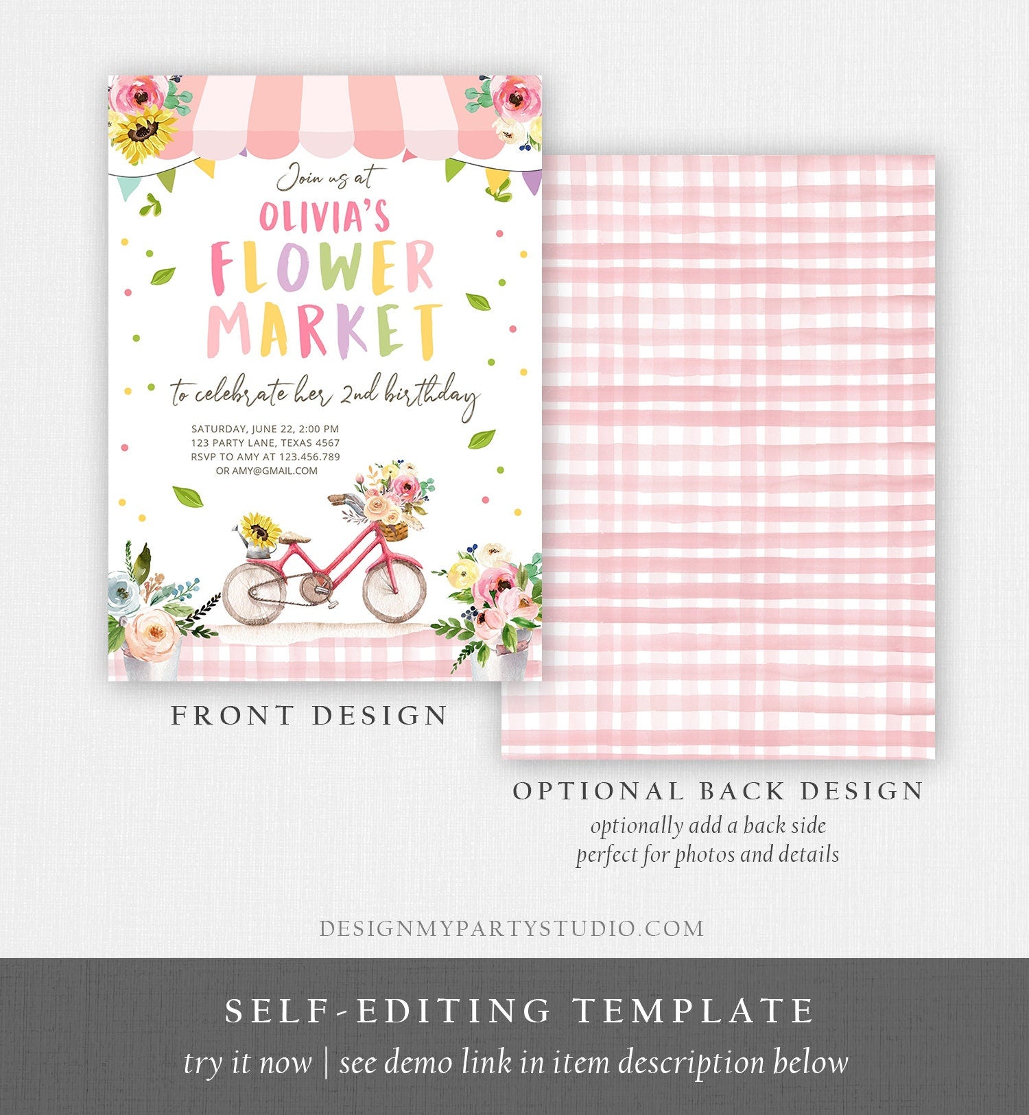 Editable Flower Market Birthday Invitation Home Grown Farmers Farm Floral Market Girl Pink Digital Download Evite Template Printable 0347