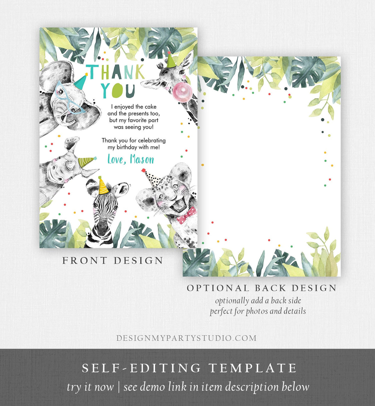 Editable Thank You Card Safari Animals Wild One Two Wild Thank You Note Boy Blue Gold Party Animals Digital Template Printable 0322