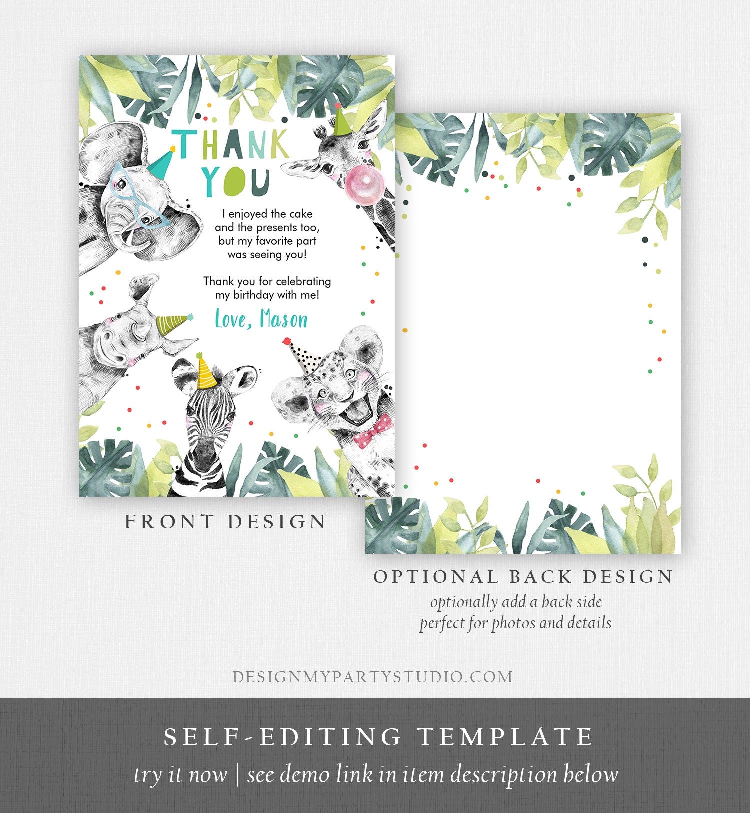 Editable Thank You Card Safari Animals Wild One Two Wild Thank You Note Boy Blue Gold Party Animals Digital Template Printable 0322