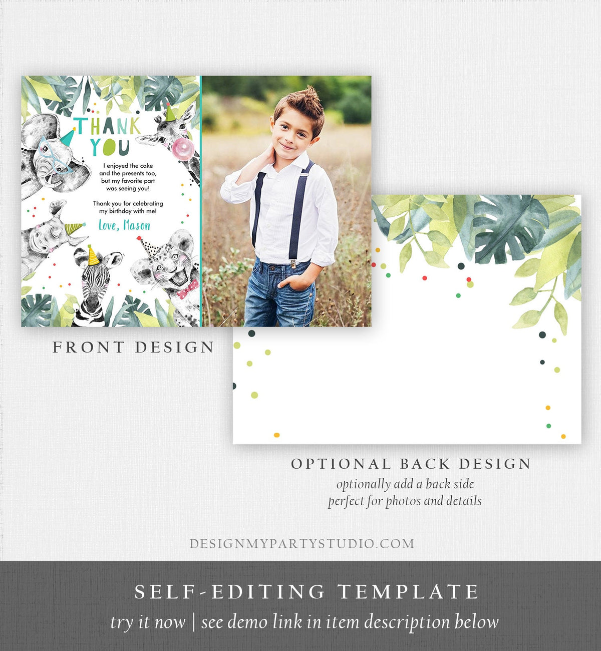 Editable Thank You Card Safari Animals Wild One Two Wild Thank You Note Boy Blue Gold Jungle Zoo Party Animals Corjl Template Digital 0322