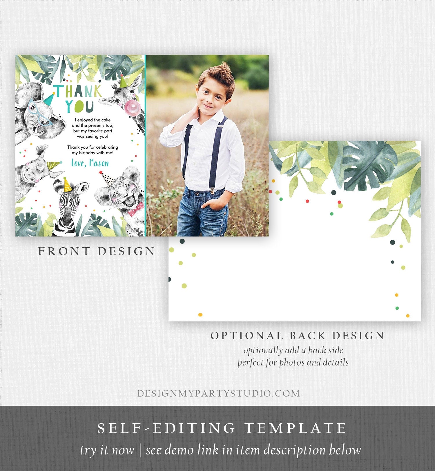 Editable Thank You Card Safari Animals Wild One Two Wild Thank You Note Boy Blue Gold Jungle Zoo Party Animals Corjl Template Digital 0322