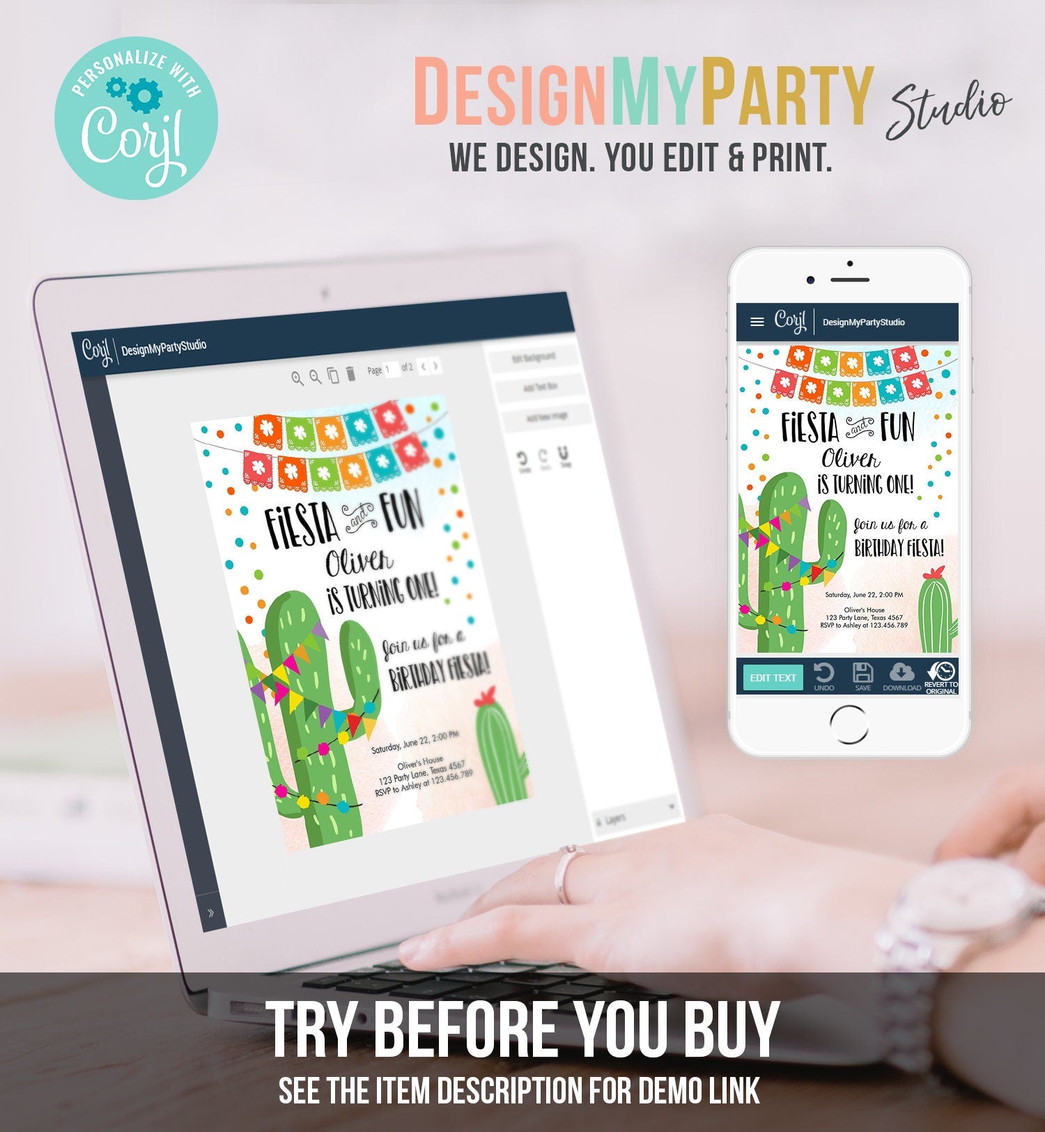 Editable Fiesta and Fun Birthday Invitation First Birthday Cactus Garland Blue Boy ANY AGE Digital Download Evite Template Printable 0135
