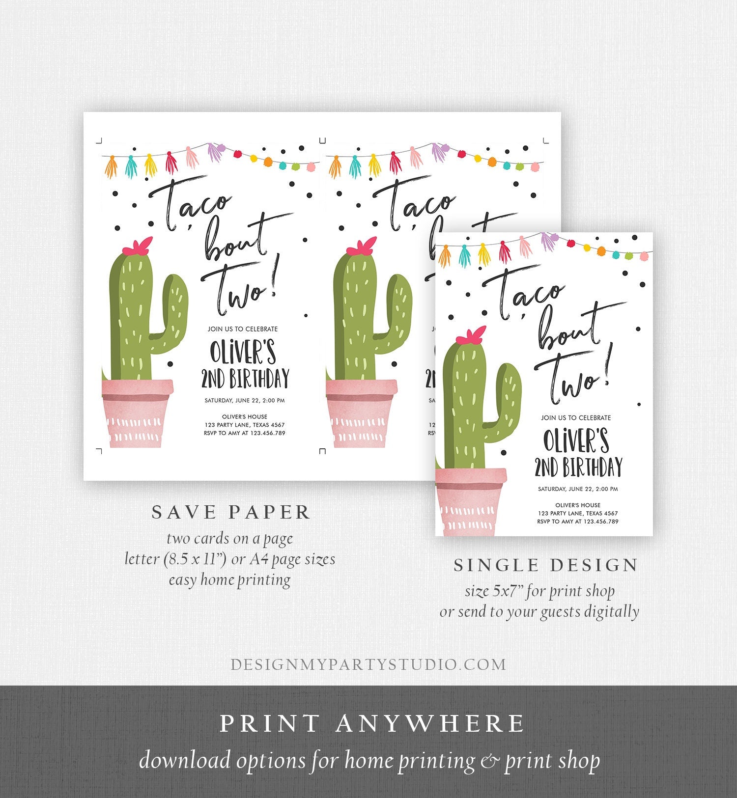 Editable Taco Bout a Party Birthday Invitation ANY AGE Girl Boy Cactus Fiesta Mexican Second Birthday Download Printable Corjl Template 0254