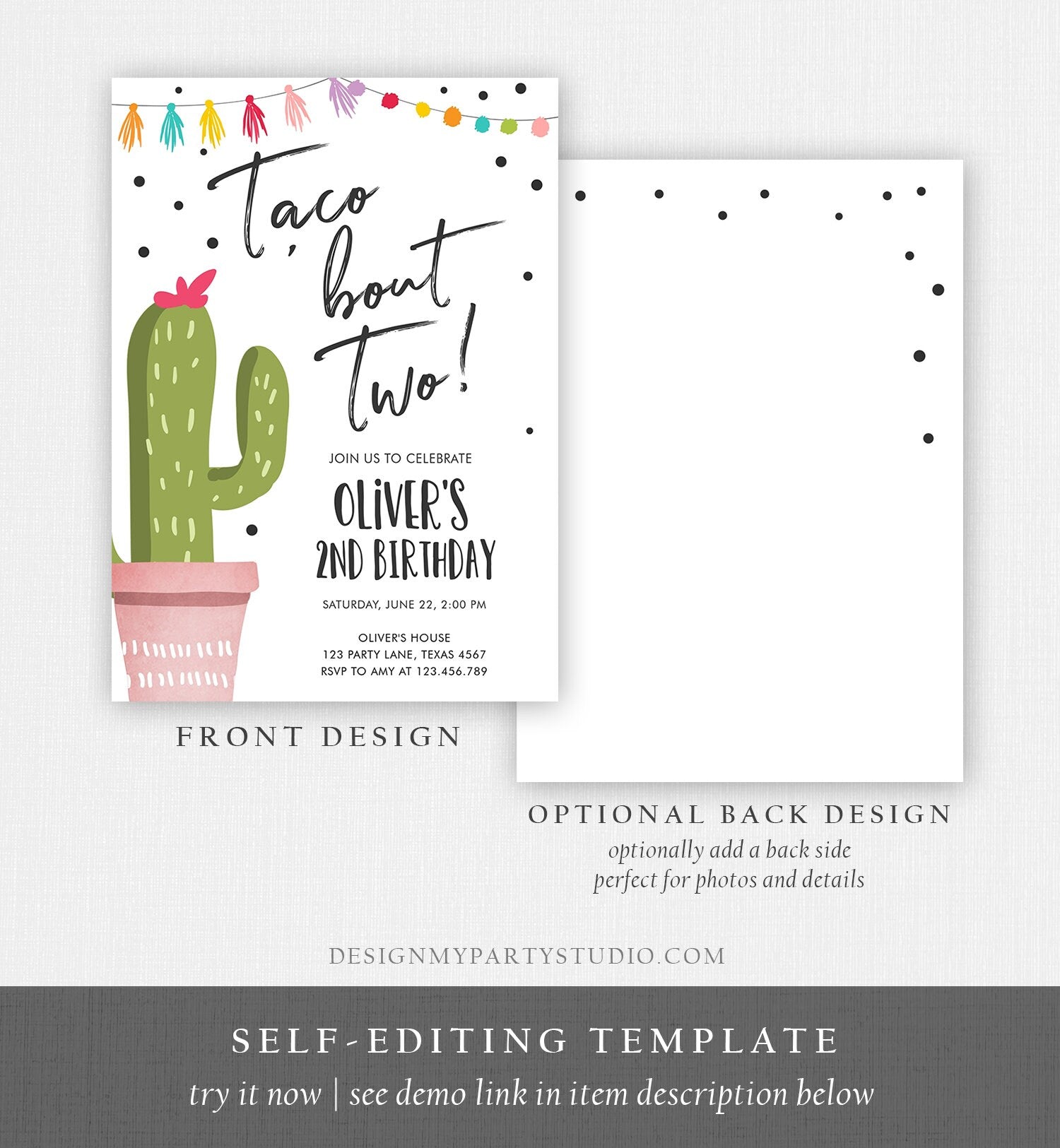 Editable Taco Bout a Party Birthday Invitation ANY AGE Girl Boy Cactus Fiesta Mexican Second Birthday Download Printable Corjl Template 0254