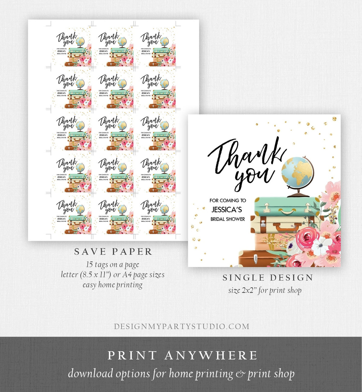 Editable Travel Thank You Tag Travel Adventure Bridal Shower Favor Label Round Stickers Pink Floral Digital Download Template Printable 0030
