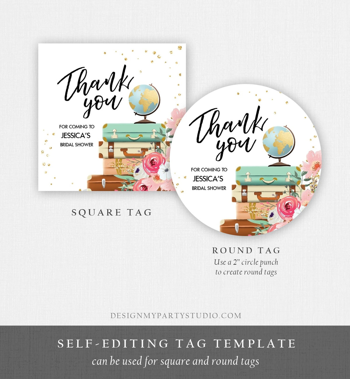 Editable Travel Thank You Tag Travel Adventure Bridal Shower Favor Label Round Stickers Pink Floral Digital Download Template Printable 0030