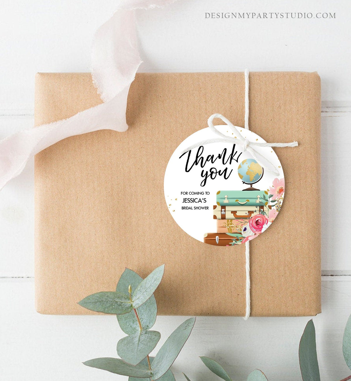 Editable Travel Thank You Tag Travel Adventure Bridal Shower Favor Label Round Stickers Pink Floral Digital Download Template Printable 0030