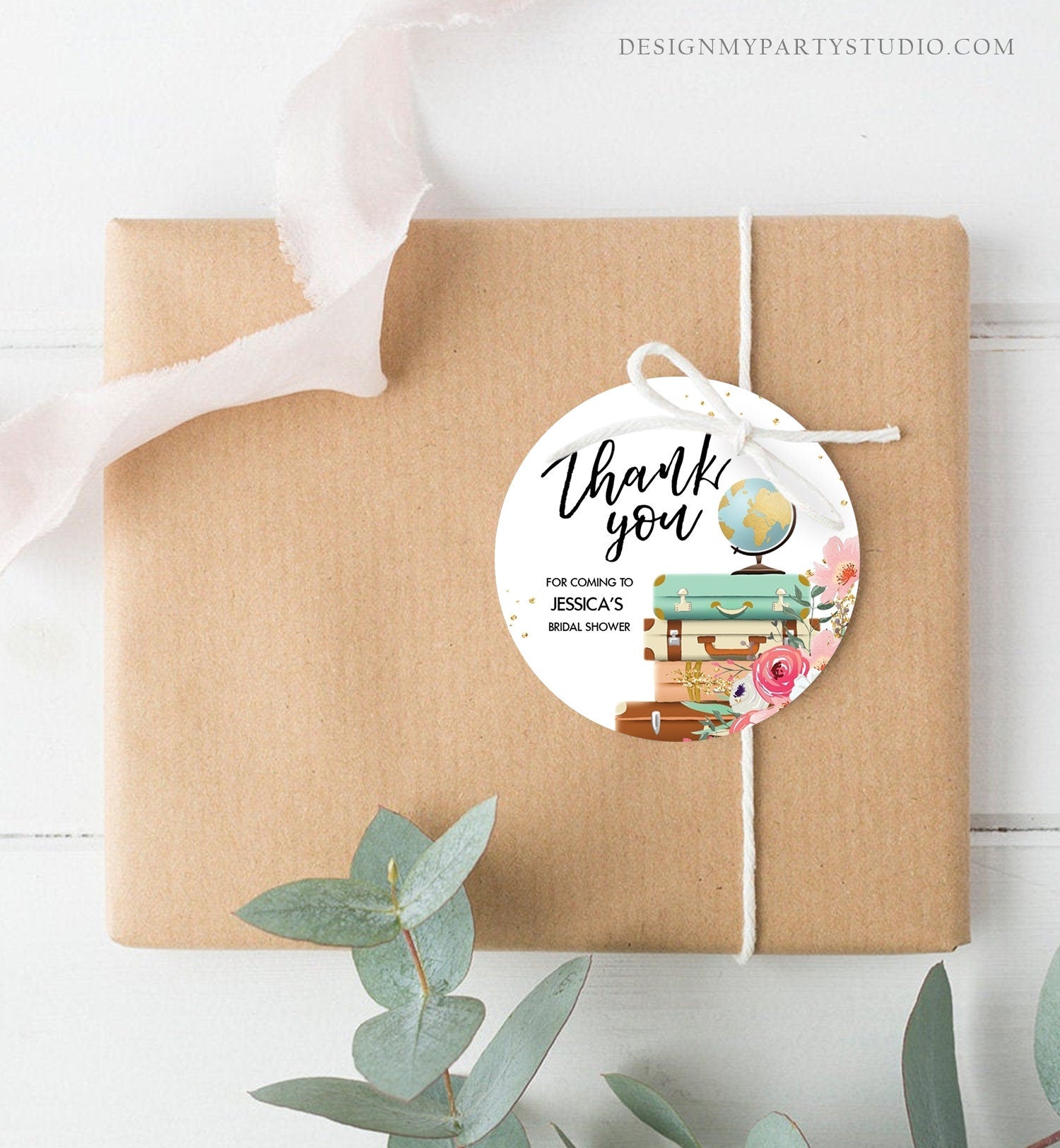 Editable Travel Thank You Tag Travel Adventure Bridal Shower Favor Label Round Stickers Pink Floral Download Corjl Template PRINTABLE 0030