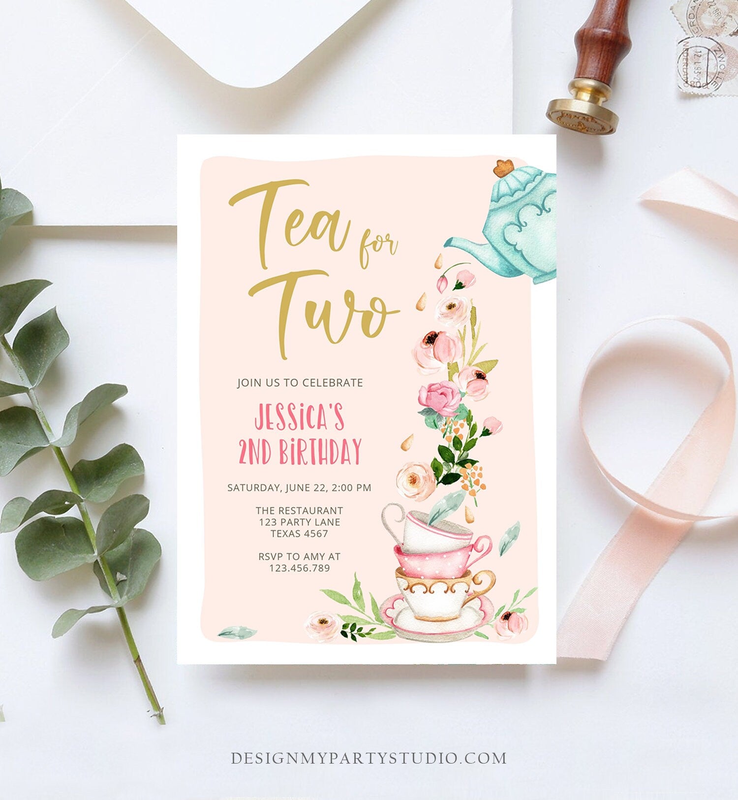 Editable Tea for Two Birthday Invitation Girl Tea Party Invite Pink Gold Floral Peach Pink Digital Download Evite Template Printable 0349