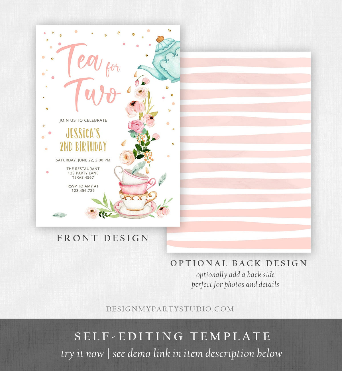 Editable Tea for Two Birthday Invitation Girl Tea Party Invite Pink Gold Floral Peach Pink Digital Download Evite Template Printable 0349