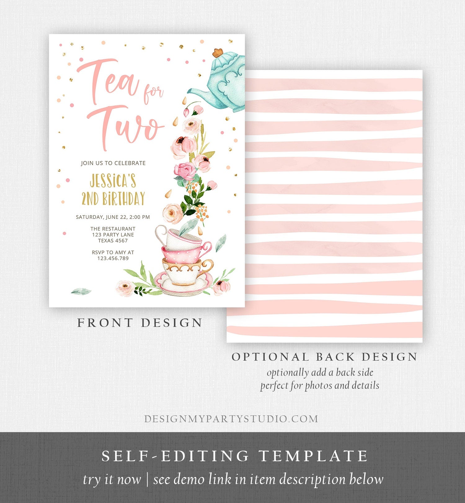 Editable Tea for Two Birthday Invitation Girl Tea Party Invite Pink Gold Floral Peach Pink Digital Download Evite Template Printable 0349