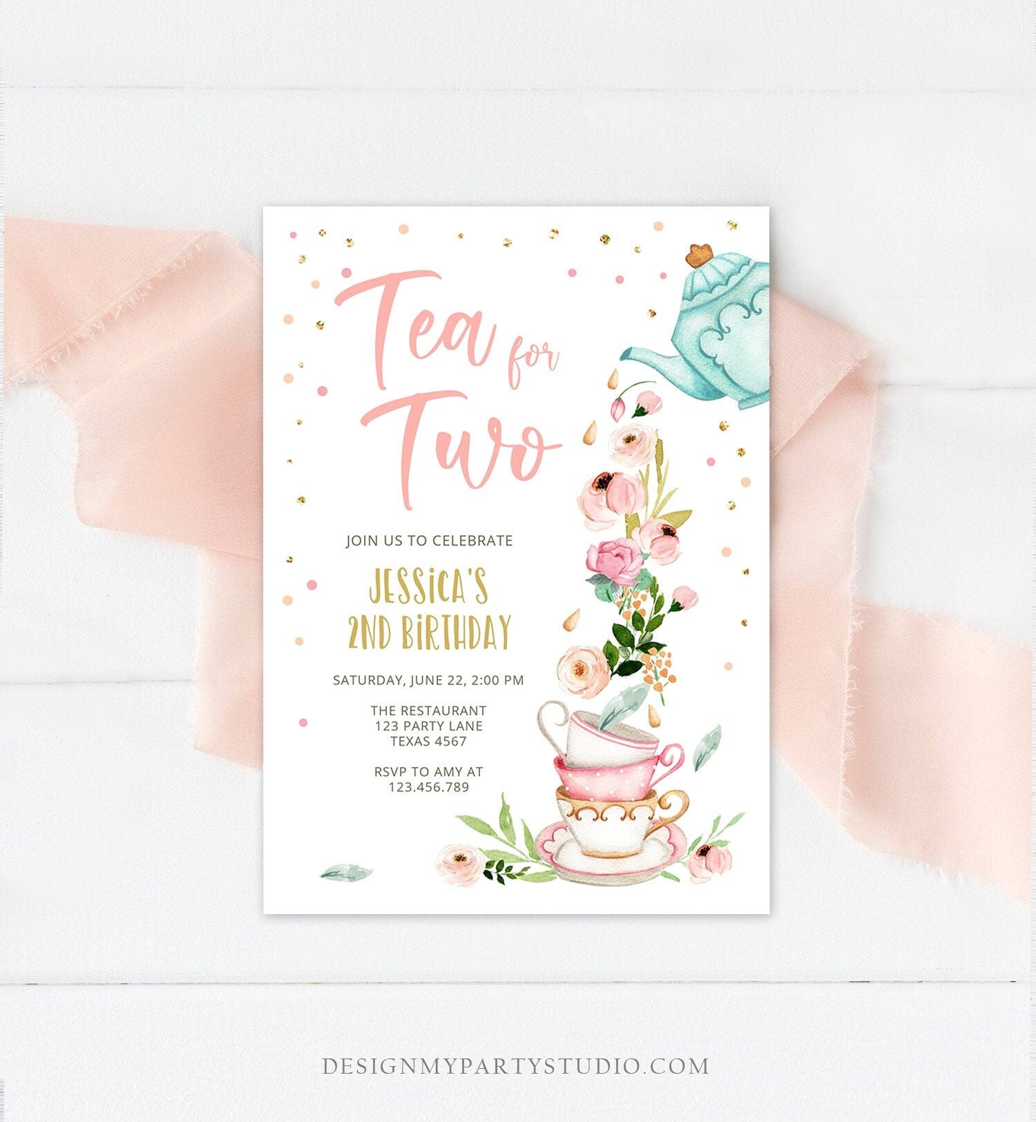 Editable Tea for Two Birthday Invitation Girl Tea Party Invite Pink Gold Floral Peach Pink Digital Download Evite Template Printable 0349