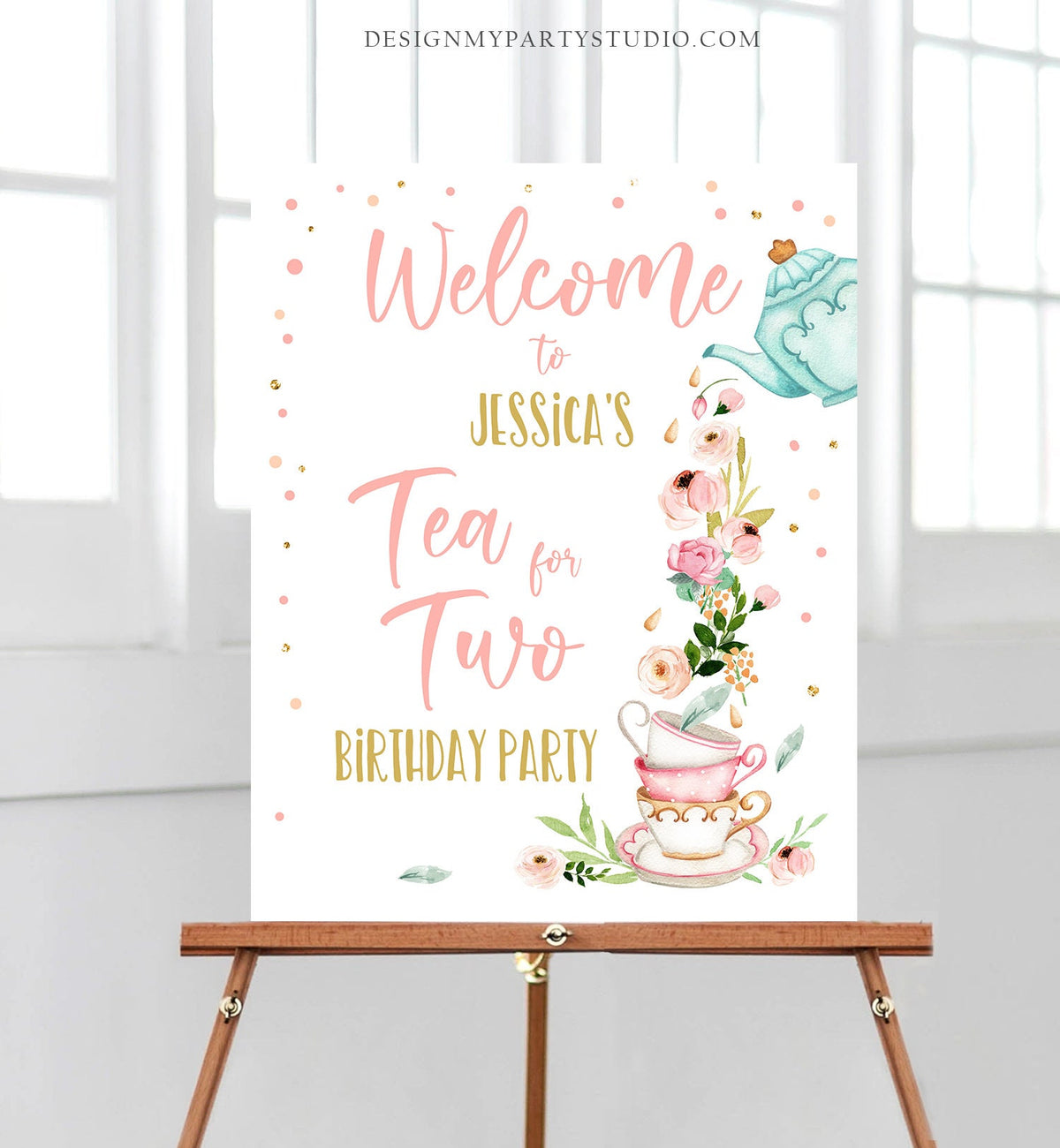 Editable Tea for Two Party Welcome Sign Tea Birthday Welcome Floral Pink Peach Girl 2nd Birthday Garden Digital Template Printable 0349