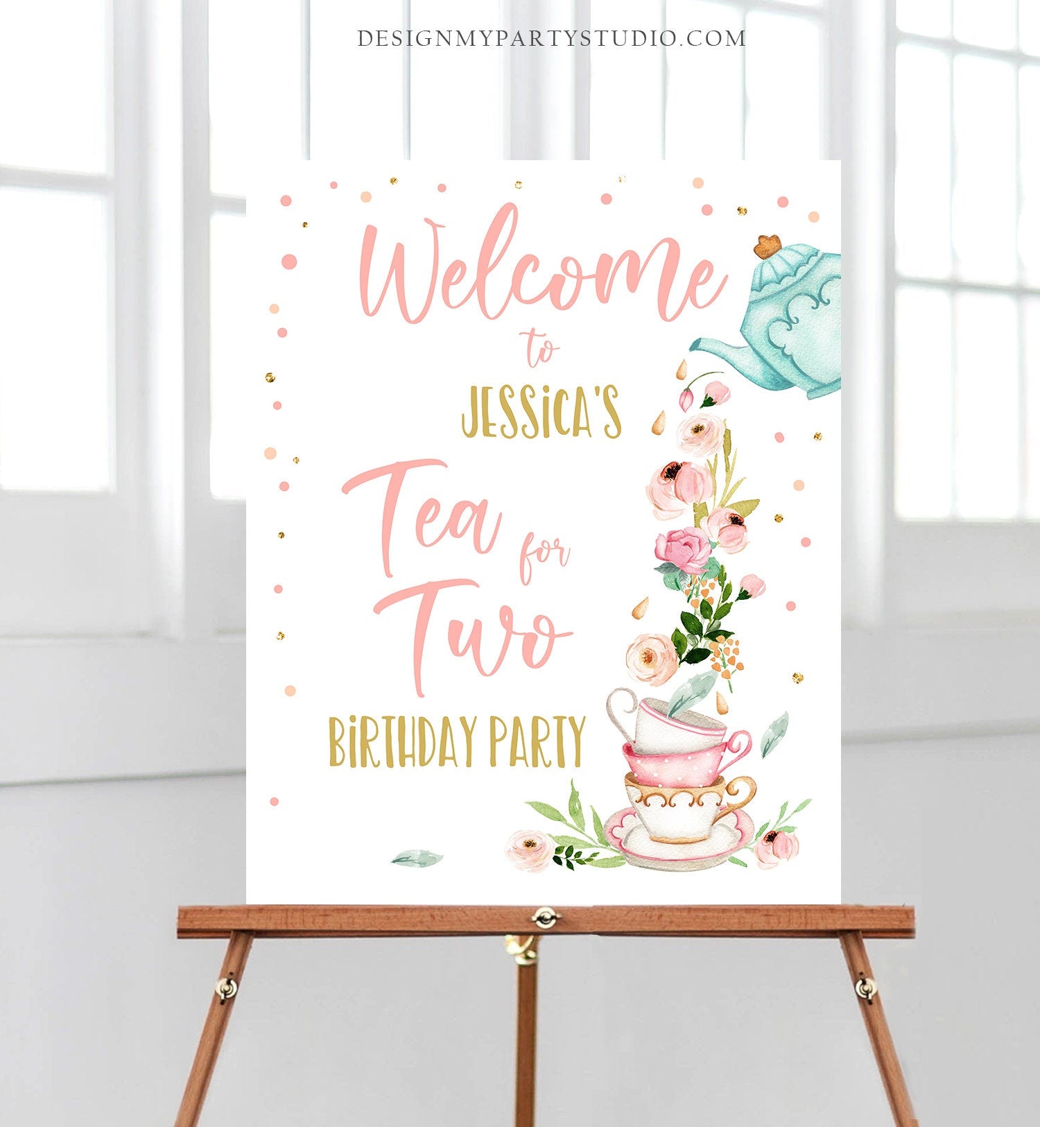Editable Tea for Two Party Welcome Sign Tea Birthday Welcome Floral Pink Peach Girl 2nd Birthday Garden Digital Template Printable 0349