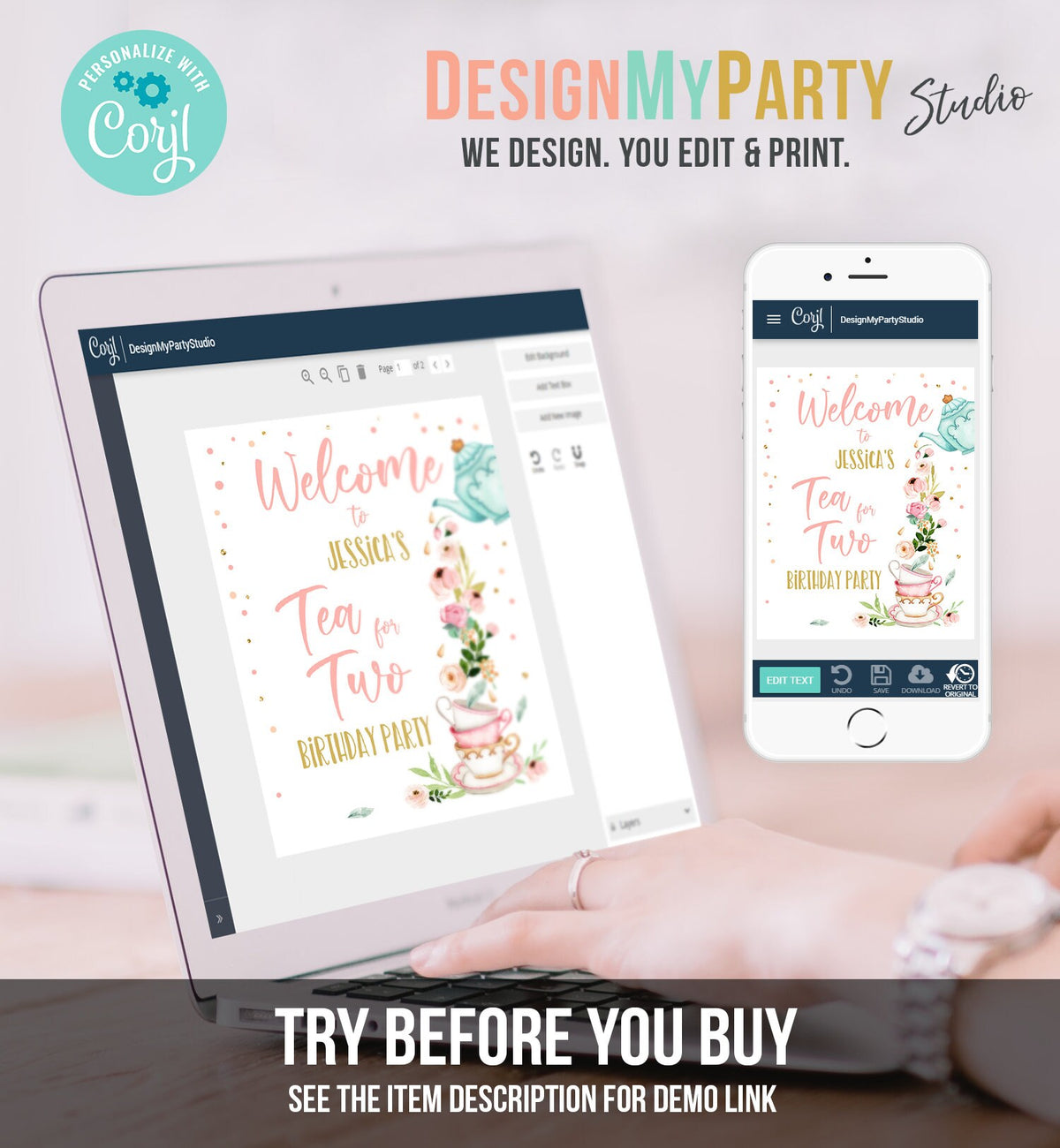 Editable Tea for Two Party Welcome Sign Tea Birthday Welcome Floral Pink Peach Girl 2nd Birthday Garden Digital Template Printable 0349