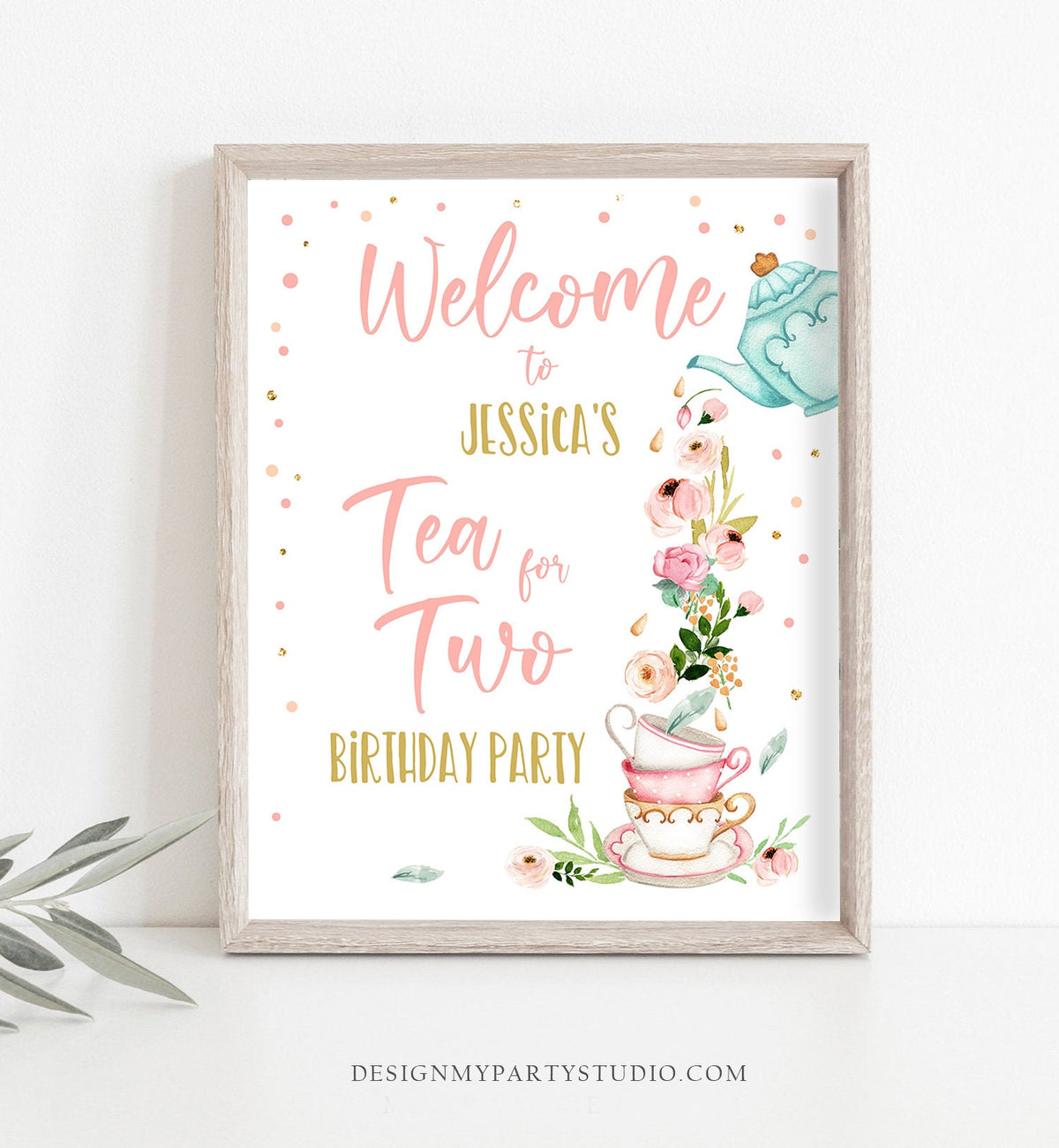 Editable Tea for Two Party Welcome Sign Tea Birthday Welcome Floral Pink Peach Girl 2nd Birthday Garden Digital Template Printable 0349