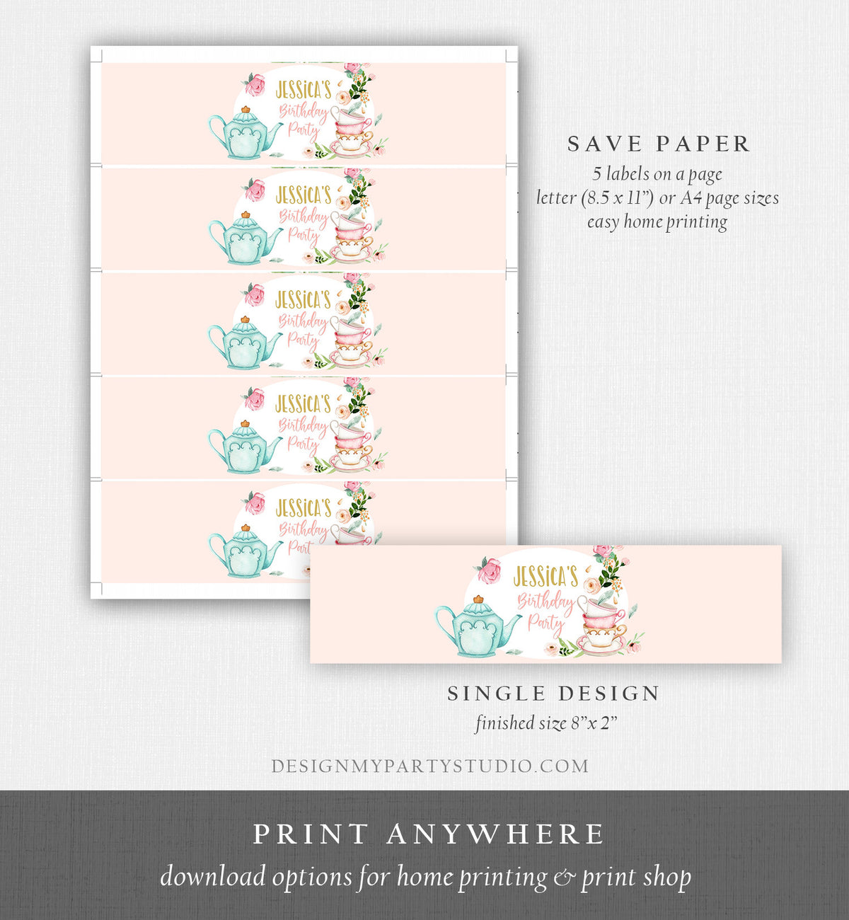 Editable Water Bottle Labels Tea Party Girl Birthday Tea for Two Birthday Flowers Pink Gold Digital Download Template Printable 0349