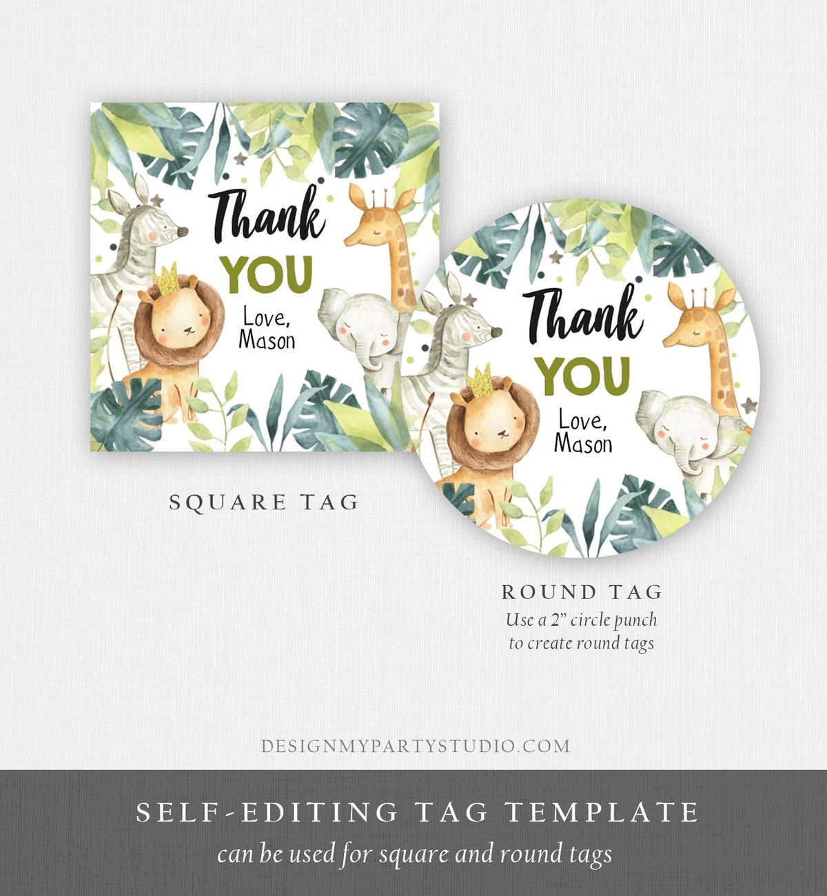 Editable Safari Thank you Tags Wild One Stickers Jungle Green Gold Animals Gift Tag Boy Zoo Safari Favor Tags Lion Template Printable 0163