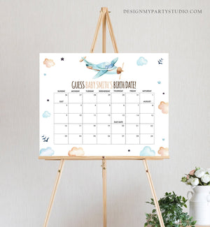 Editable Guess the Birth Date Baby Shower Game Guess Birthday Vintage Airplane Blue Travel Adventure Shower Corjl Template Printable 0185