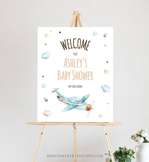 Editable Airplane Welcome Sign Baby Shower Welcome Baby Sprinkle Vintage Blue Airplane Stars Clouds Neutral Corjl Template Printable 0185